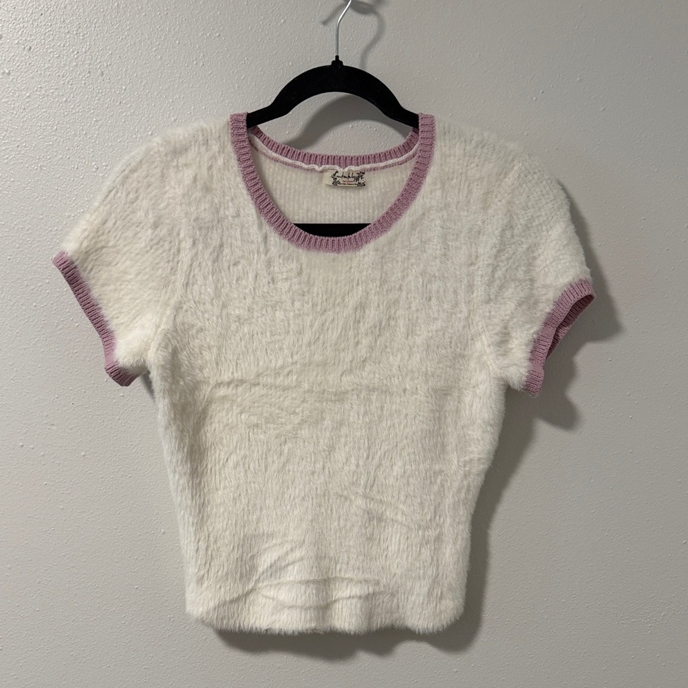 White Fuzzy free people Knit Top with Pink Trim